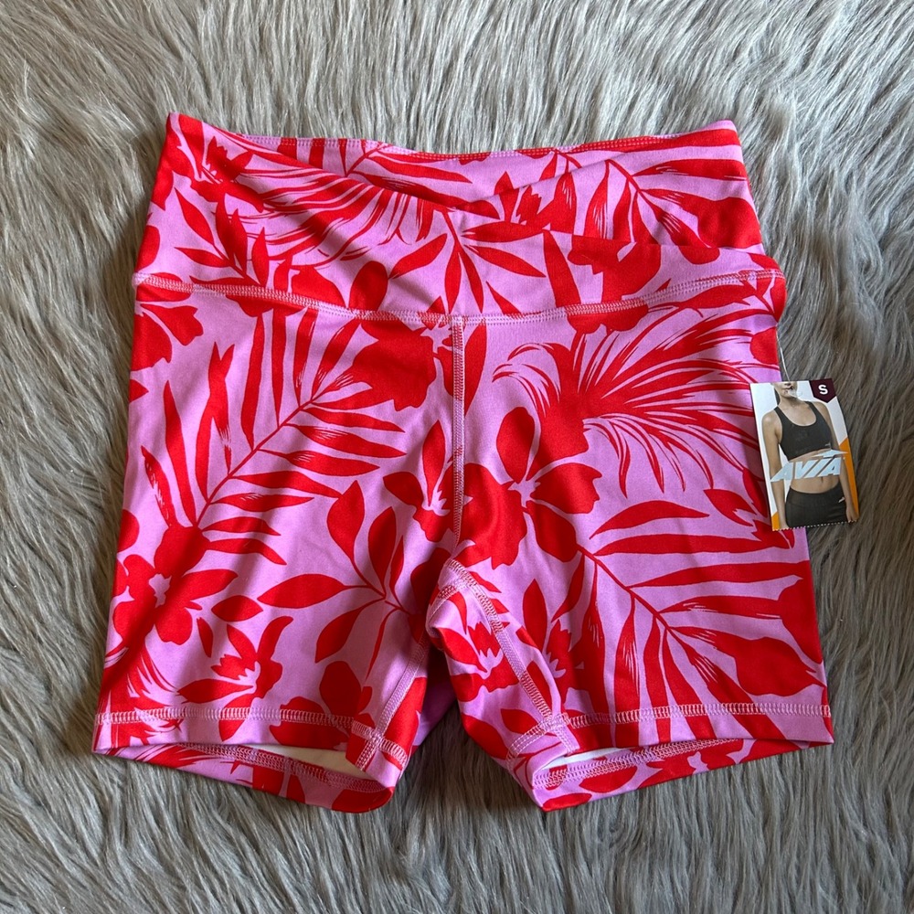 Avia Bike Shorts Womens Size Small (4-6) Pink Tropical Stretchy Short Workout